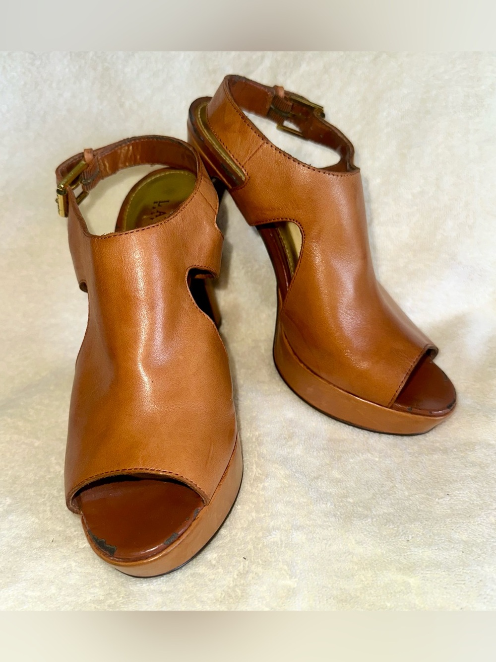 Lauren Ralph Lauren Tan Leather Platform Peep Toe Slingback Heels Sandals 7B